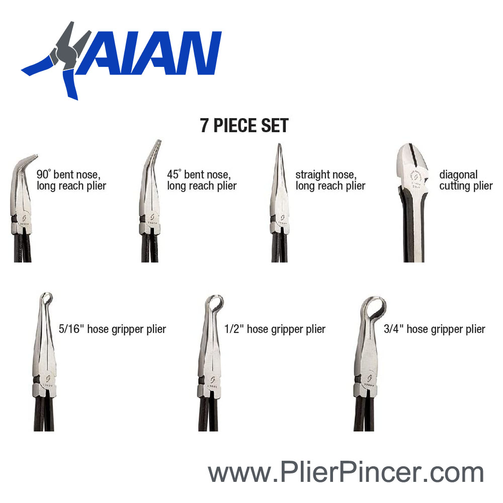 Long Reach Pliers 7 piece Set Nose Types