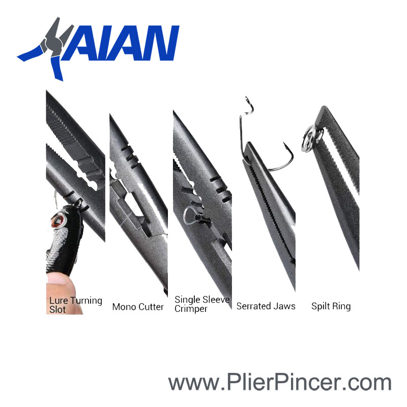 Fishing Pliers, Lure Turning Slot, Mono Cutter, Single Sleeve Crimper, Serrated Jaws, Split Ring