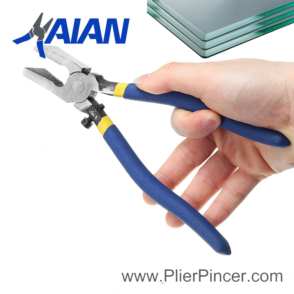 Glass Breaking Pliers in Hand, Blue Handles