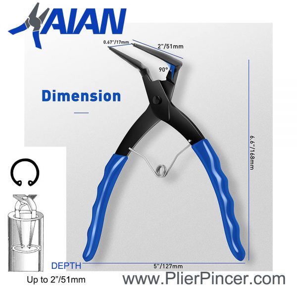 Heavy Duty Cylinder Snap Ring Pliers, 90 Degree, Internal, Long Nose, Dimension