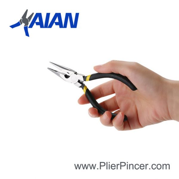 Japanese Type Long Nose Pliers with Vinyl-Coated Grips in Hand