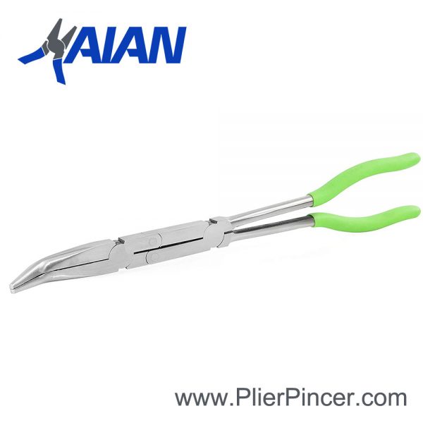 Long Reach Double X Pliers, 45 Degree Bent Nose, Green Grips