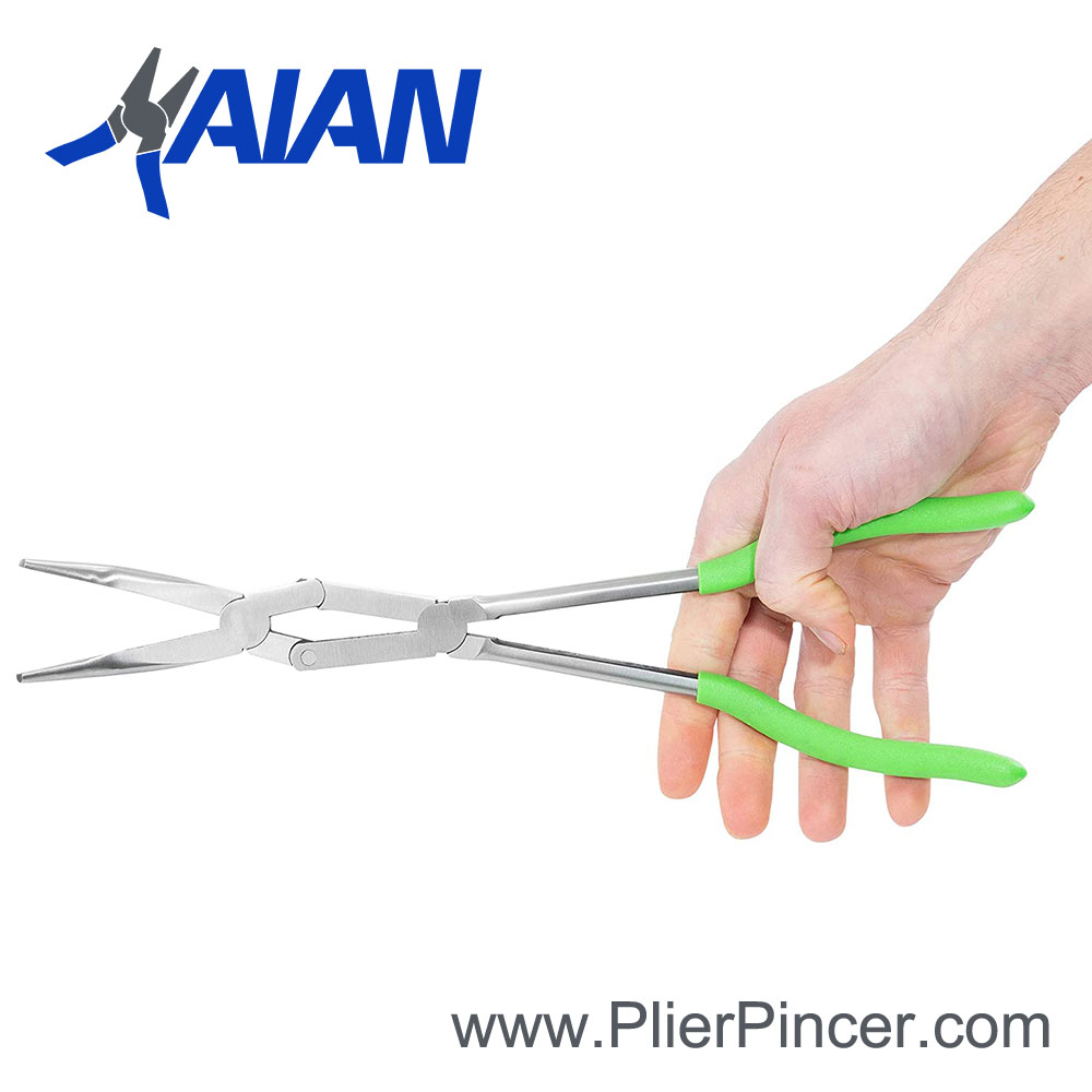 Long Reach Double X Pliers, 45 Degree Bent Nose, in Hand