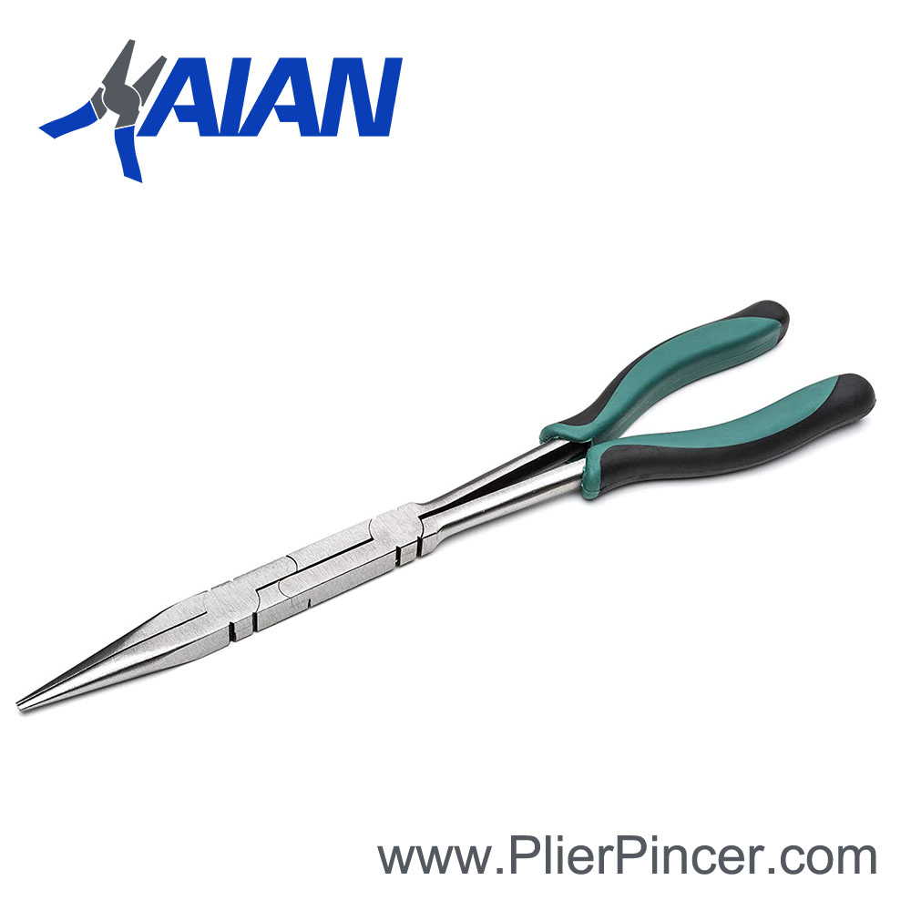 Long Reach Double X Pliers. Straight Nose, Green-Black Grips