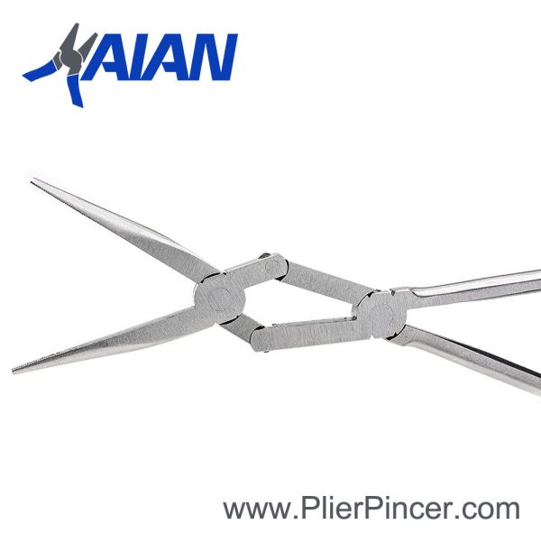 Long Reach Double X Pliers. Straight Nose, Two Compound Joints